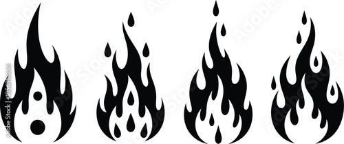 Black flame fire icons set, burning heat symbols with droplet shapes for danger, warning signs and graphic design elements