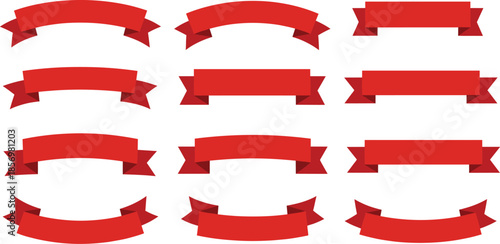Red ribbon banner icons set, blank label and badge shapes for text decoration, celebration and graphic design elements