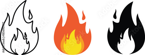 Fire flame icons set in outline, colored and solid style, burning heat symbols for safety, danger and energy design