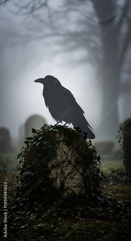 Fototapeta premium Black raven perched on an old ivy-covered tombstone in a misty, eerie graveyard. Spooky Halloween scene with an ominous bird of superstition and death.