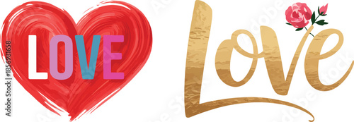 Elegant Love Typography with Golden Texture Hearts and Red Roses for Luxury Valentine's Day Floral Design and Romantic Wedding Gift Wrap Graphics