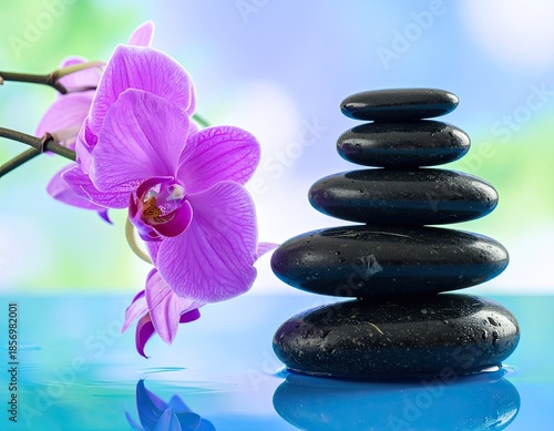 A vibrant purple orchid rests beside a stack of smooth, dark basalt stones floating on reflective blue water.