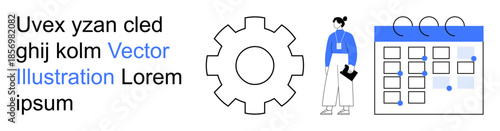 Business strategy, teamwork, workflow organization, project management, meeting scheduling, productivity. Gear icon, calendar person holding documents. Business strategy and teamwork concept