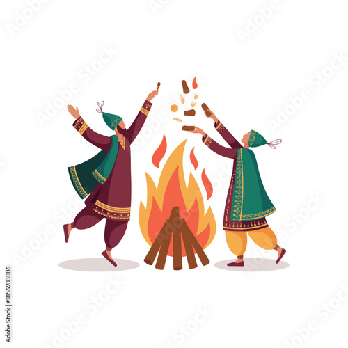 stylized illustration of lohri festival with bonfire dance and grain offering