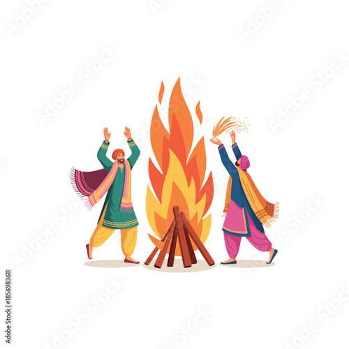 vibrant lohri celebration illustration with dancing figures and flames