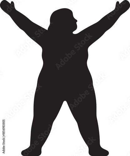 Black silhouette of overweight woman standing with arms spread wide in victory pose