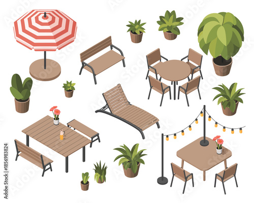 Chic isometric outdoor patio set with lounge and dining furniture