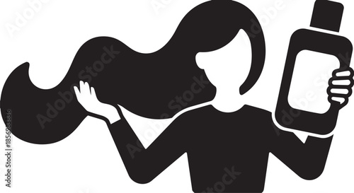 Bold black silhouette of woman with long flowing hair holding large bottle possibly promoting hair care product