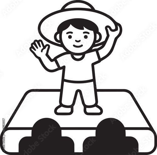 Child on stage waving to an audience, performing with joy and enthusiasm