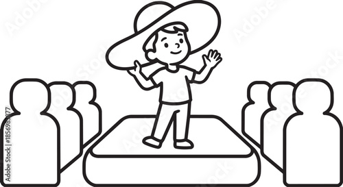 Child performer in big hat waving to audience on stage outline drawing vector illustration design.