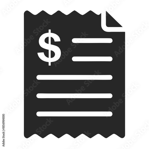 A solid black filled vector icon of a paper invoice document with dollar sign, minimalist glyph style, no outline, flat design, on transparent background.