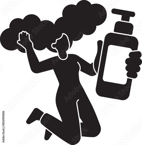 Excited woman jumping with hair care product celebrating beauty routine black silhouette