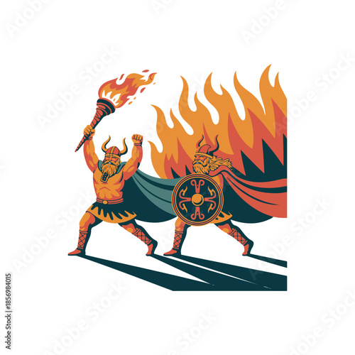 stylized illustration of up helly aa festival with viking torch and shield