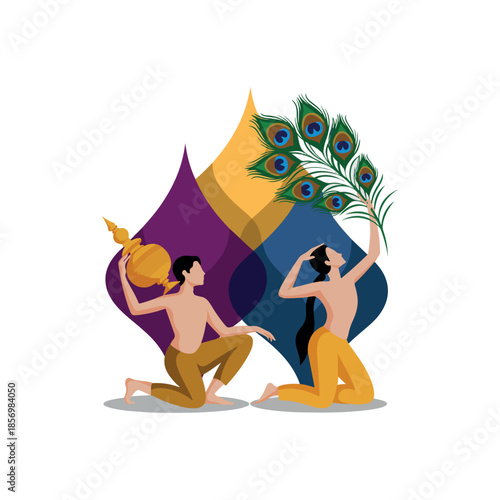 stylized illustration of thaipusam celebration with ceremonial symbols