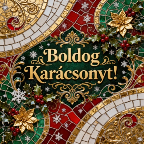 Boldog Karácsonyt! Hungarian Christmas greeting on a vibrant luxurious mosaic background with elaborate festive elements in gold, red and green  