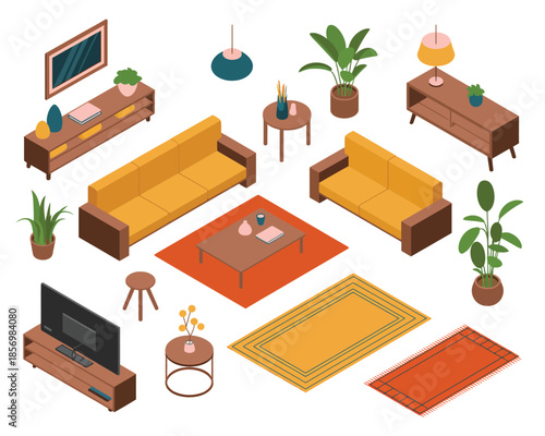 Cozy modern living room interior with isometric style furniture