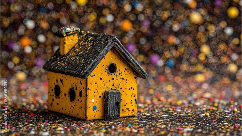 Small painted dwelling stands amidst vibrant, scattered decorative elements with a blurred background