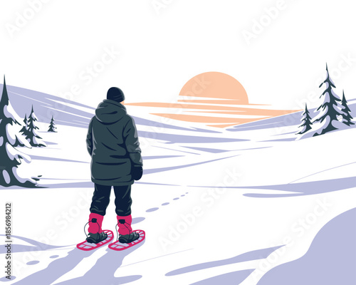 Serene winter snowshoeing at sunset with mountain landscape