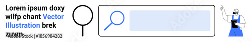 Search functionality, digital tools, user experience, web design, graphic layout, UI development. Magnifying glass icon, search bar cartoon worker pointing. Search functionality and web design