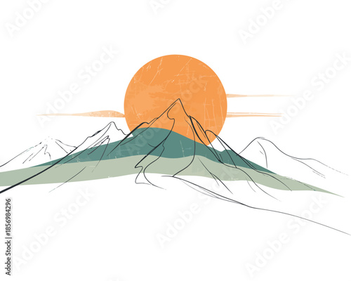 Minimalist sunset silhouette mountains with radiant sun
