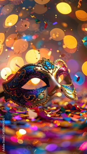 A vibrant Venetian masquerade mask rests on colorful confetti with glowing bokeh lights in the background.