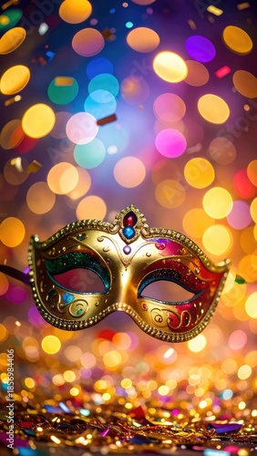 An ornate golden masquerade mask is centered against a vibrant, colorful bokeh background with scattered confetti.