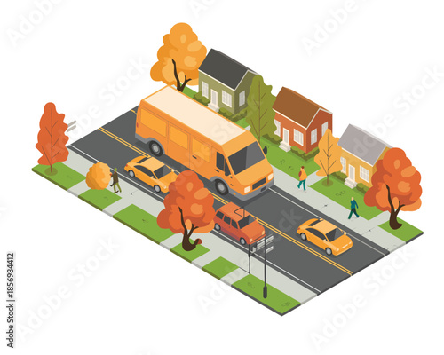 Charming isometric neighborhood scene with moving van and family
