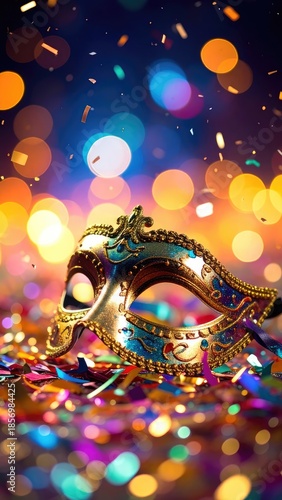 An ornate Venetian masquerade mask rests amidst vibrant confetti and bokeh lights.