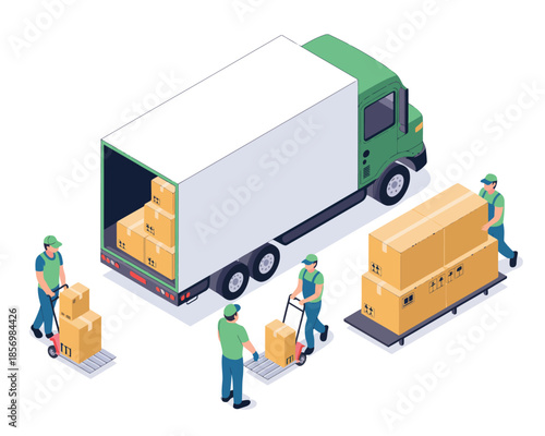 Isometric delivery logistics team loading cargo with delivery truck