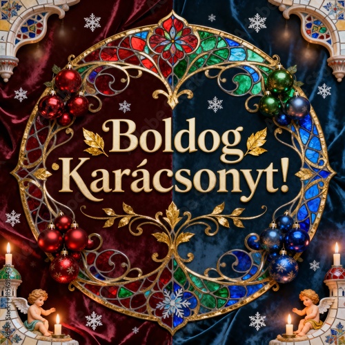 Christmas card in Hungarian with festive ornaments, angels, and Boldog Karácsonyt! greeting on a vibrant luxurious stained glass and velvet background with architectural elements