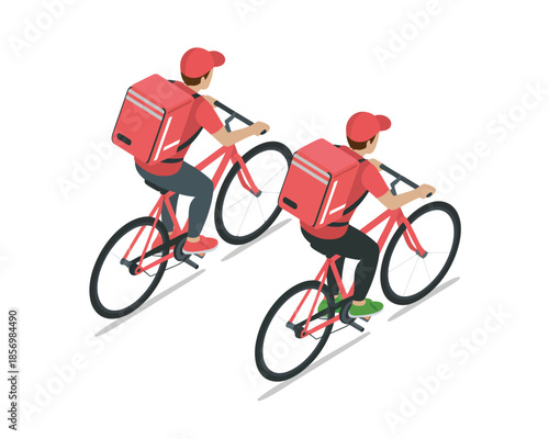 Isometric delivery couriers riding bicycles with packages