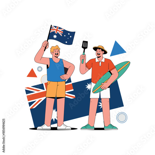 casual festive illustration of people celebrating australia day with barbecue and surfboard