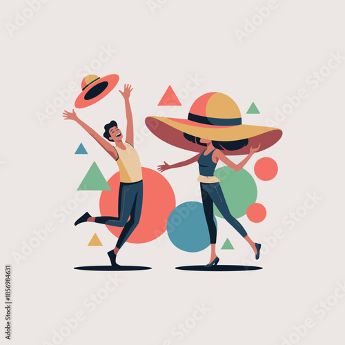 stylized illustration of national hat day celebration with playful figures
