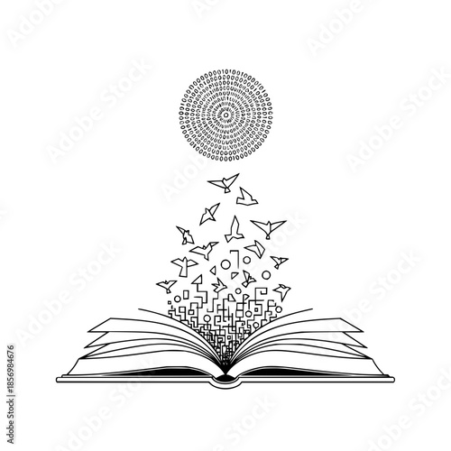 Open Book Releasing Creative Ideas and Symbols into the Air with Sunburst Design with flying paper planes and imagination and inspiration in knowledge education for artistic illustration