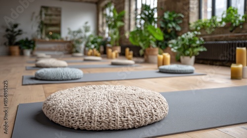 Meditation space prepared with yoga mats and knitted cushions indoors