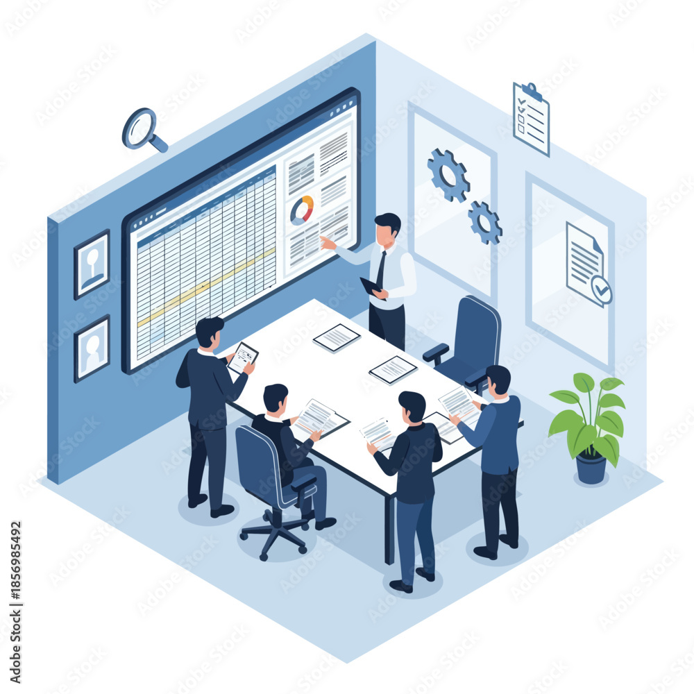 Naklejka premium Business meeting in a modern office, team discussing strategy on a large screen
