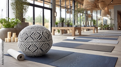 Spacious  interior features neatly arranged floor mats and decorative sphere for mindful practice