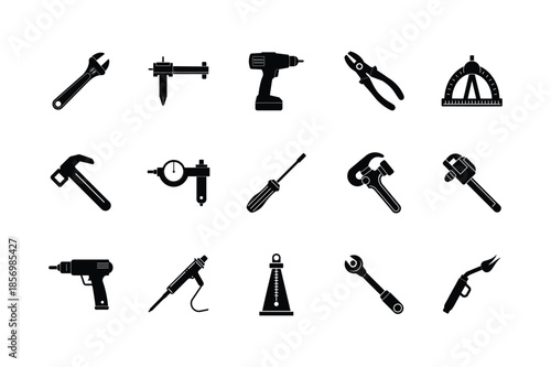 Professional maintenance and repair tool silhouette set for workshop and industrial Vector illustration