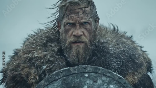 Rugged bearded Viking warrior wearing heavy fur cloak, holding ancient weathered shield, gazing with fierce eyes in a cold snowy wilderness.