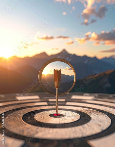 Wallpaper Mural A golden dart strikes the bullseye of a target against a stunning mountain sunrise backdrop. Torontodigital.ca