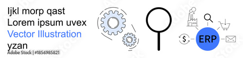 Business management, ERP software, process optimization, data integration, analytics, enterprise solutions. Gears with a magnifying glass and minimalist business icons. ERP software and process