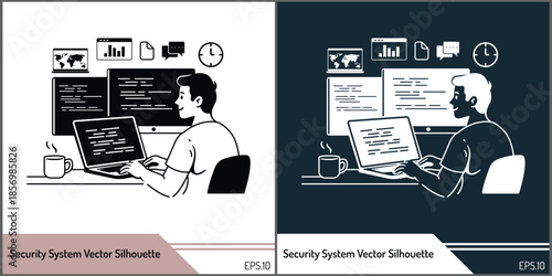 Cyber Security Analyst Working on Computer Security System Vector Illustration