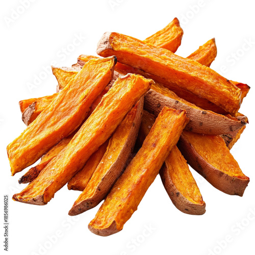 Crispy sweet potato fries isolated on transparent background