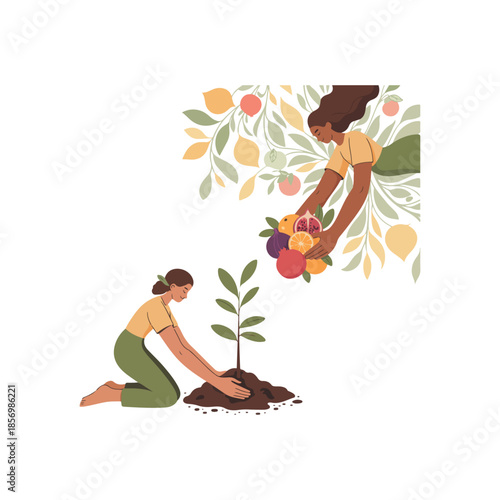 modern jewish holiday illustration with figures planting trees and holding fruit