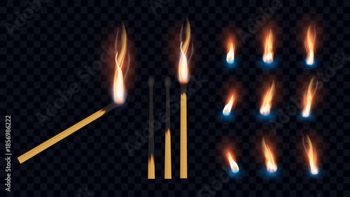 Realistic Matchstick Flame Vector Set – Burning Matches with Fire Stages, Ignition and Spark Effects, 3D Match Stick and Flame Icons Isolated on Transparent Background