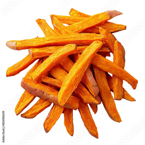 Crispy sweet potato fries isolated on transparent background