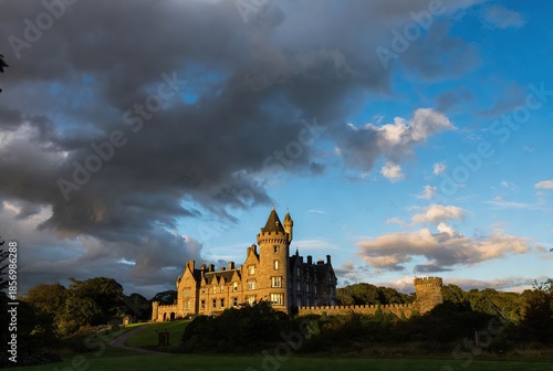 Historic stone castle on green grounds under dramatic cloudy sky