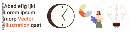 Time management, creativity, teamwork, problem solving, innovation, brainstorming. Clock, puzzle pieces person holding pieces and lightbulb presented in a clean style. Time management