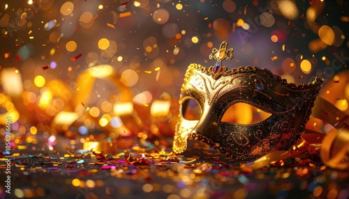 Wallpaper Mural A glittering Venetian masquerade mask rests amidst falling confetti and golden ribbons. Torontodigital.ca