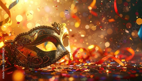 A detailed golden Venetian masquerade mask rests amidst vibrant, falling confetti and swirling ribbons under warm bokeh lights.